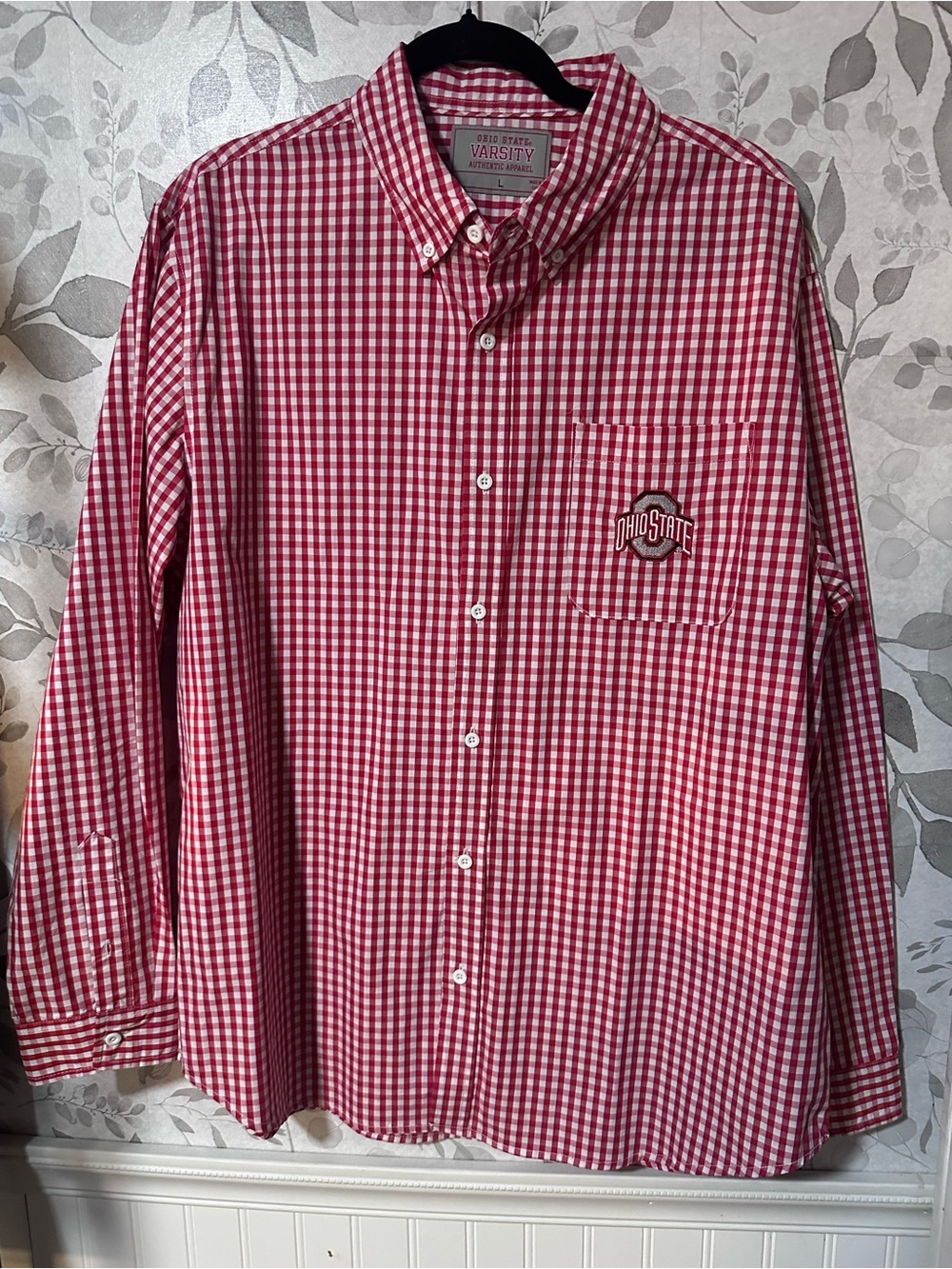 Varsity Red and White Gingham Button-Down Shirt with Ohio State Patch